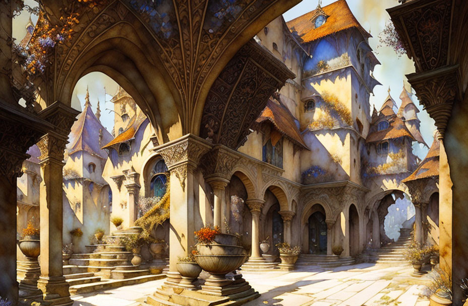 Fantasy courtyard with ornate buildings and archways