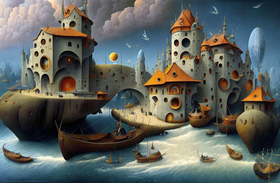 Whimsical fantasy landscape with floating castle-like structures and celestial sky