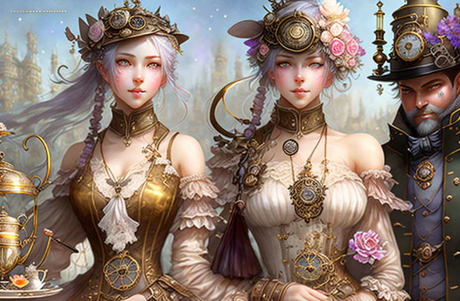 Three individuals in steampunk attire with floral and clockwork elements.