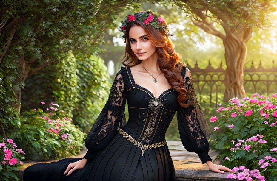 Medieval-style woman in black dress with gold accents in lush garden with pink flowers.