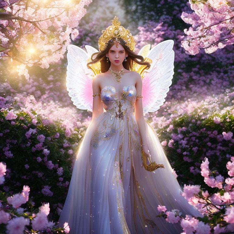 Fantasy illustration of angelic figure with large wings in golden crown and ornate dress among pink bloss