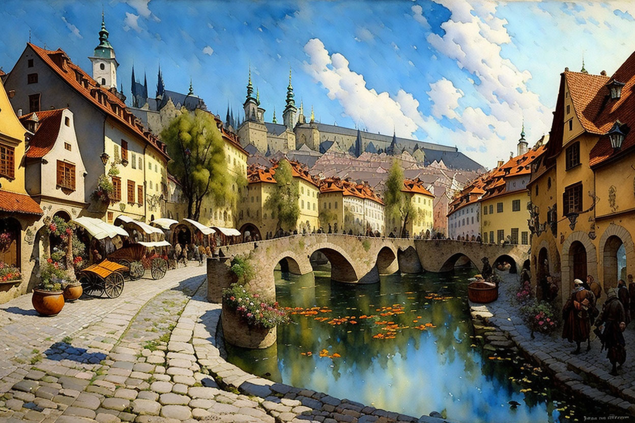 European town with stone bridge, pedestrians, classical architecture, blue sky.