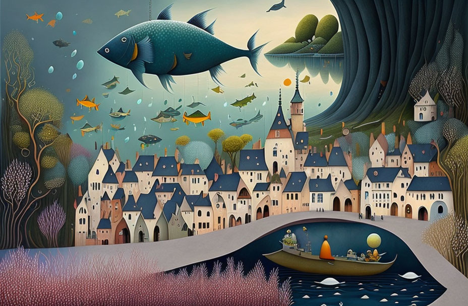 Underwater town illustration with floating fish and fairy-tale architecture