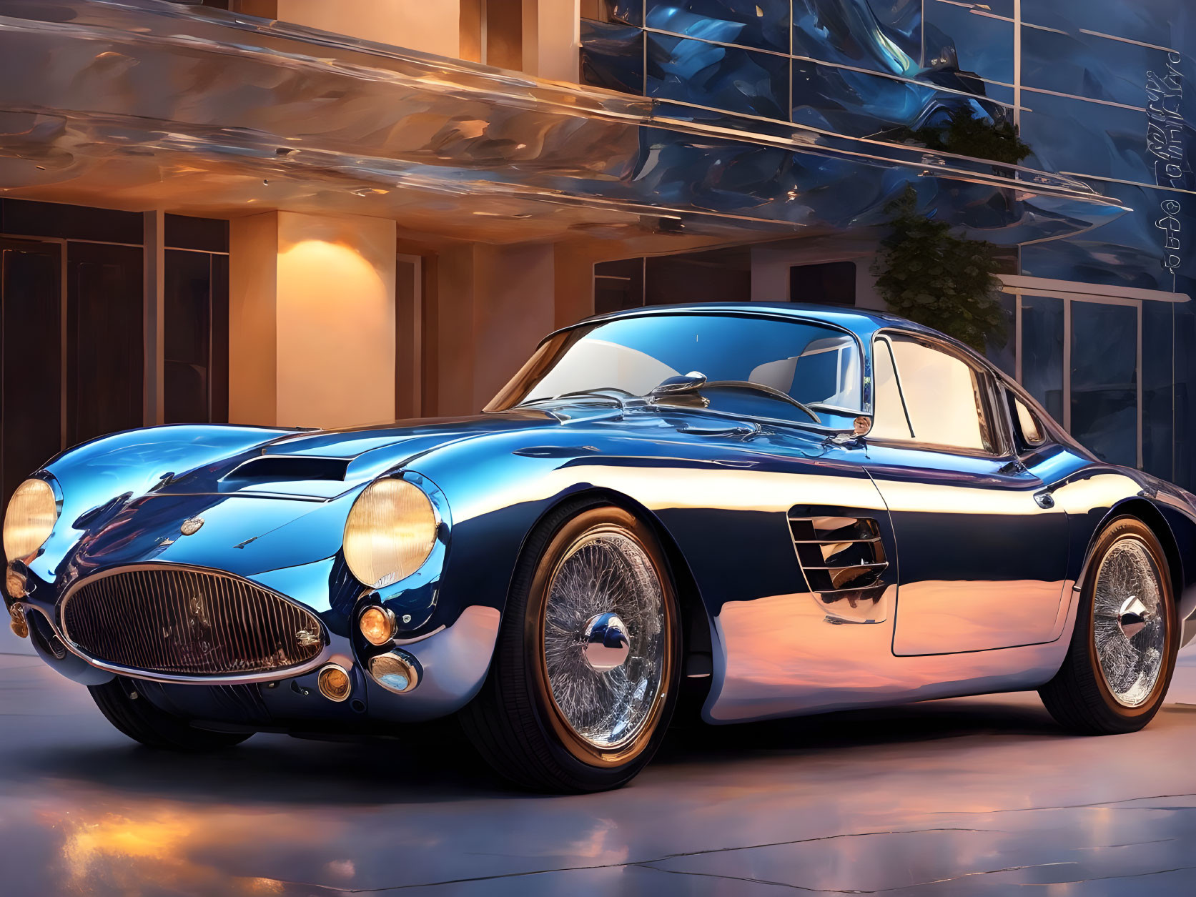 Classic Blue Sports Car with Racing Stripes and Chrome Accents by Modern Glass Building at Dusk