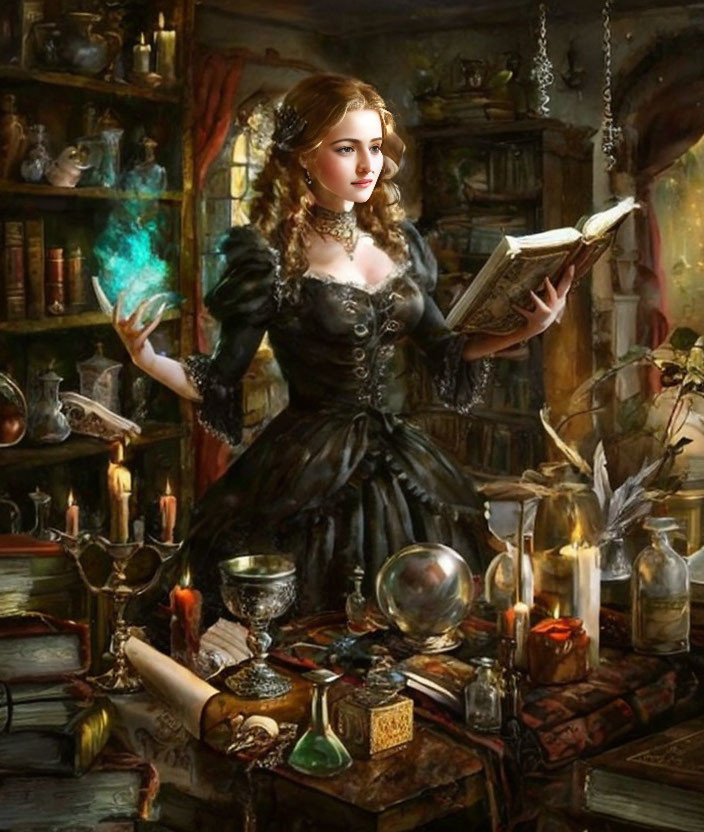 Victorian woman reading book in magical alchemist's study