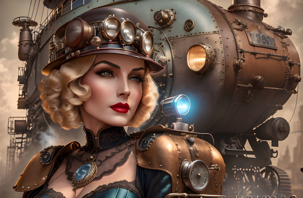 Steampunk-themed digital art portrait of a woman in mechanical attire