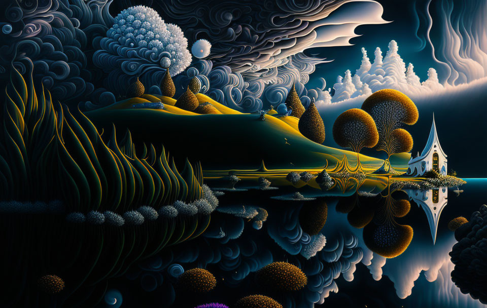 Surreal landscape featuring rolling hills, intricate trees, reflective lake, and solitary chapel