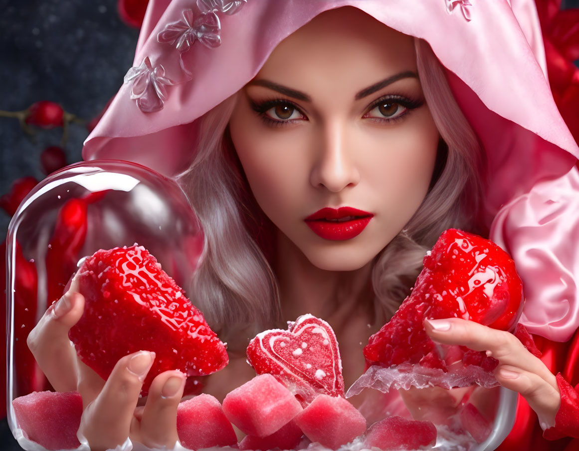 Woman with Striking Makeup Holding Heart-Shaped Sweets in Pink Setting