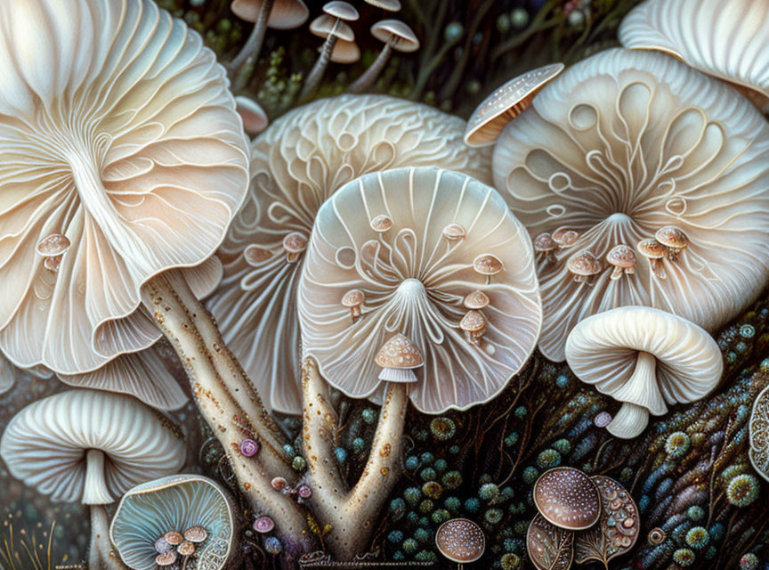 Detailed Illustration of Mushrooms and Fungi in Mystical Environment