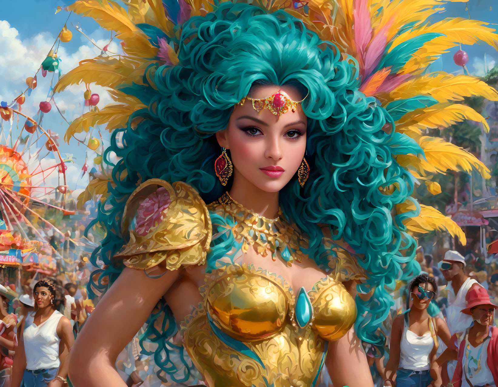 Colorful digital artwork: Woman with teal blue hair and golden costume in festive crowd