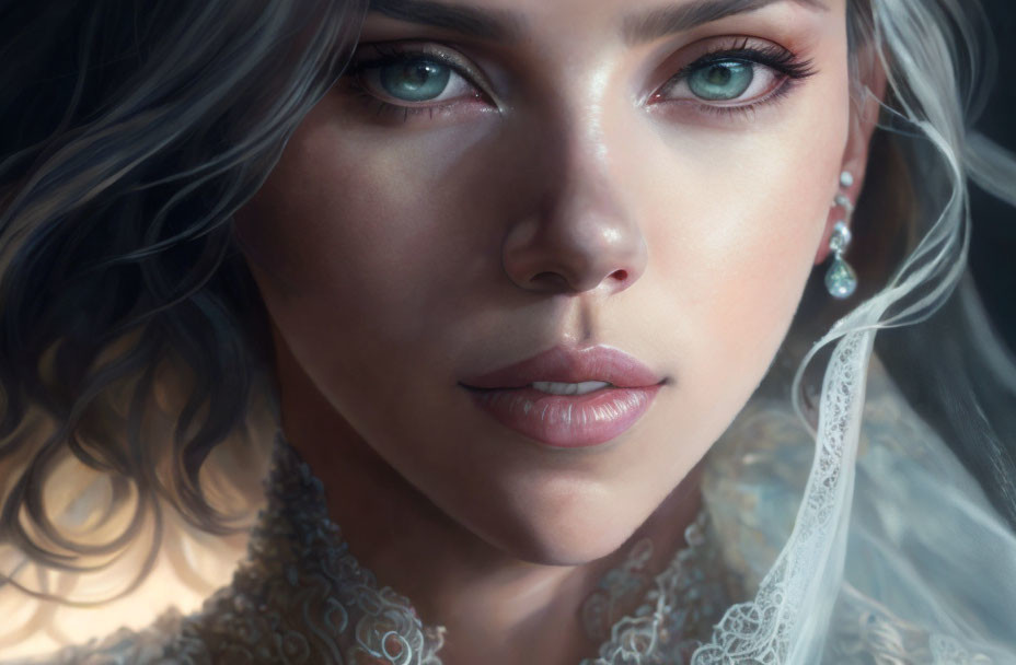 Close-up digital artwork of woman with piercing blue eyes and lace veil