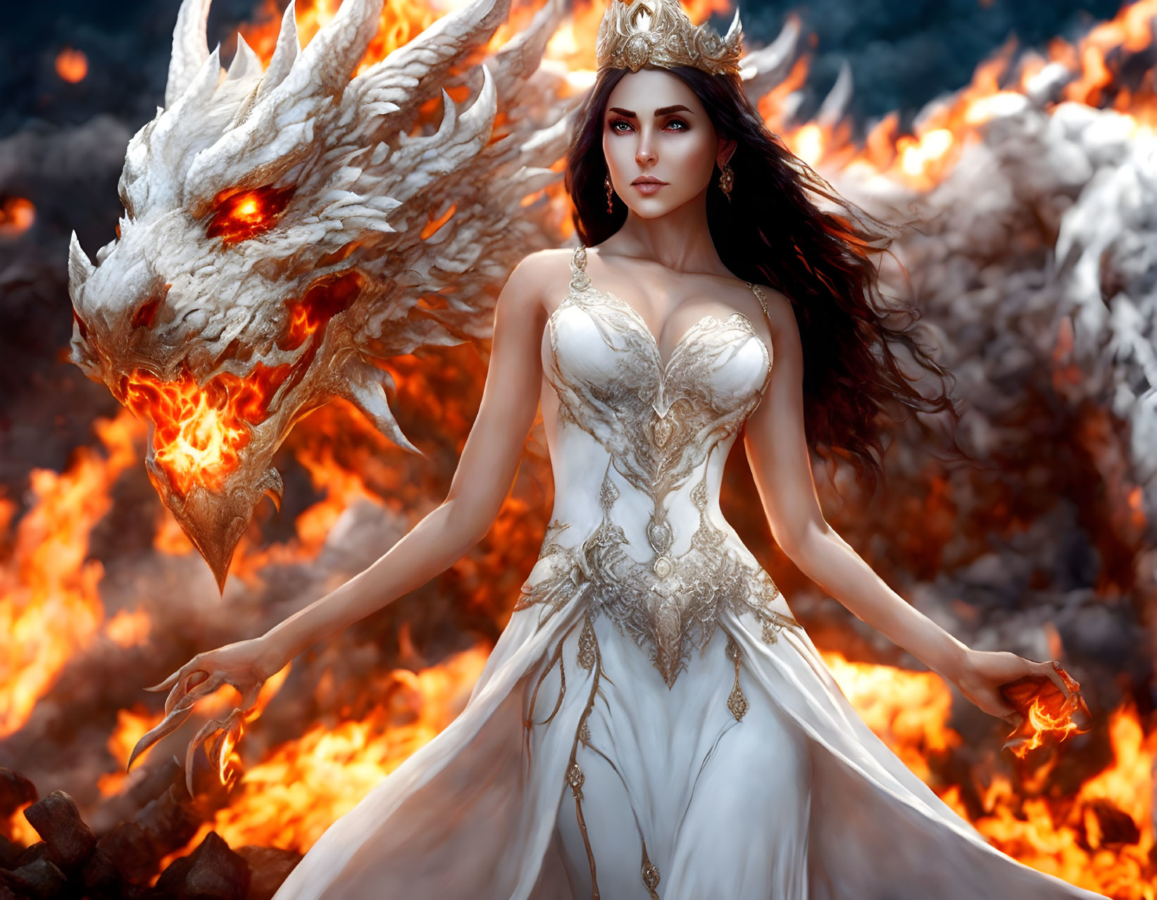 Majestic woman in white gown confronts fiery dragon in powerful scene