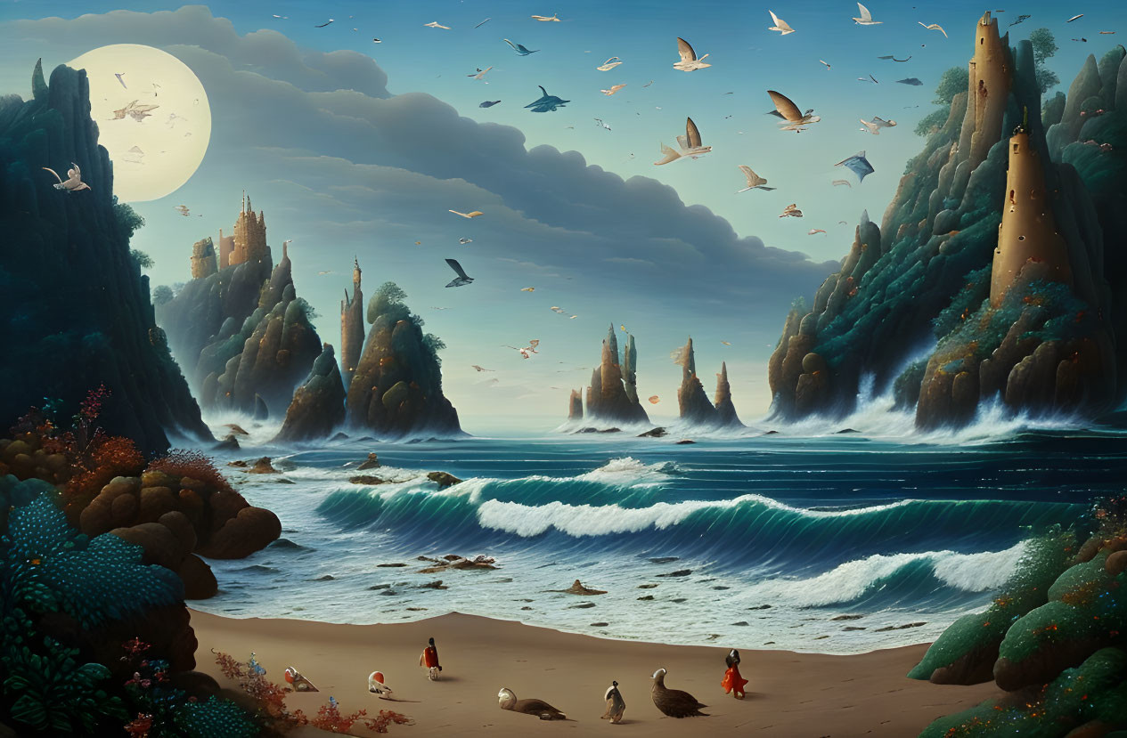 Moonlit Sea Fantasy Landscape with Cliffs, Castles, and Wildlife