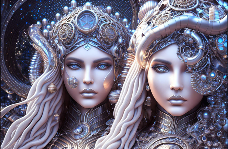 Intricately adorned female figures with cosmic background