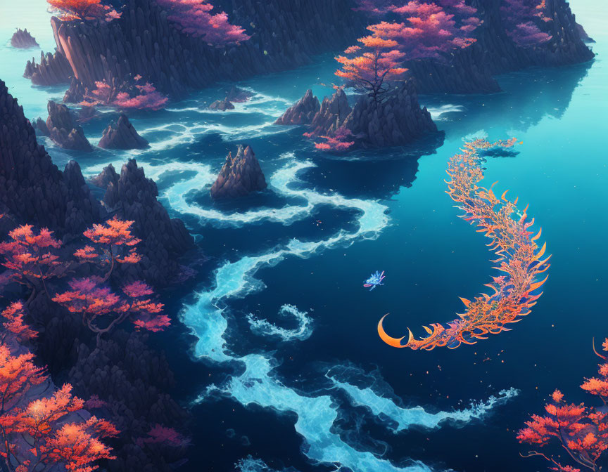 Fantastical landscape with crescent moon, turquoise sea, orange trees, and dark cliffs