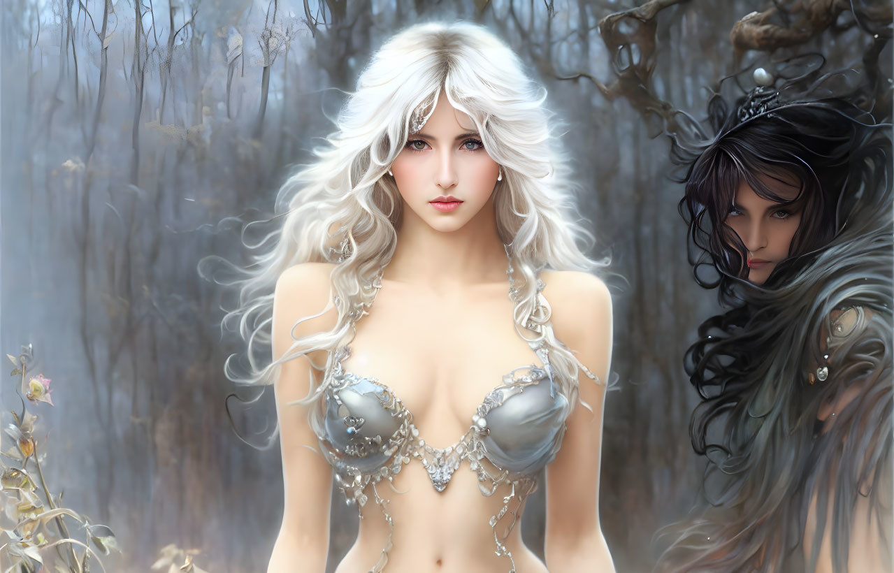 Two Female Fantasy Characters with Striking Eyes in Misty Wooded Setting