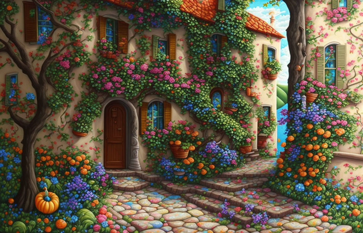 Charming cottage with vibrant flowers and cobblestone pathway