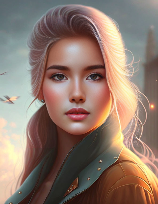 Woman's portrait with flowing hair and serene expression against sunset backdrop