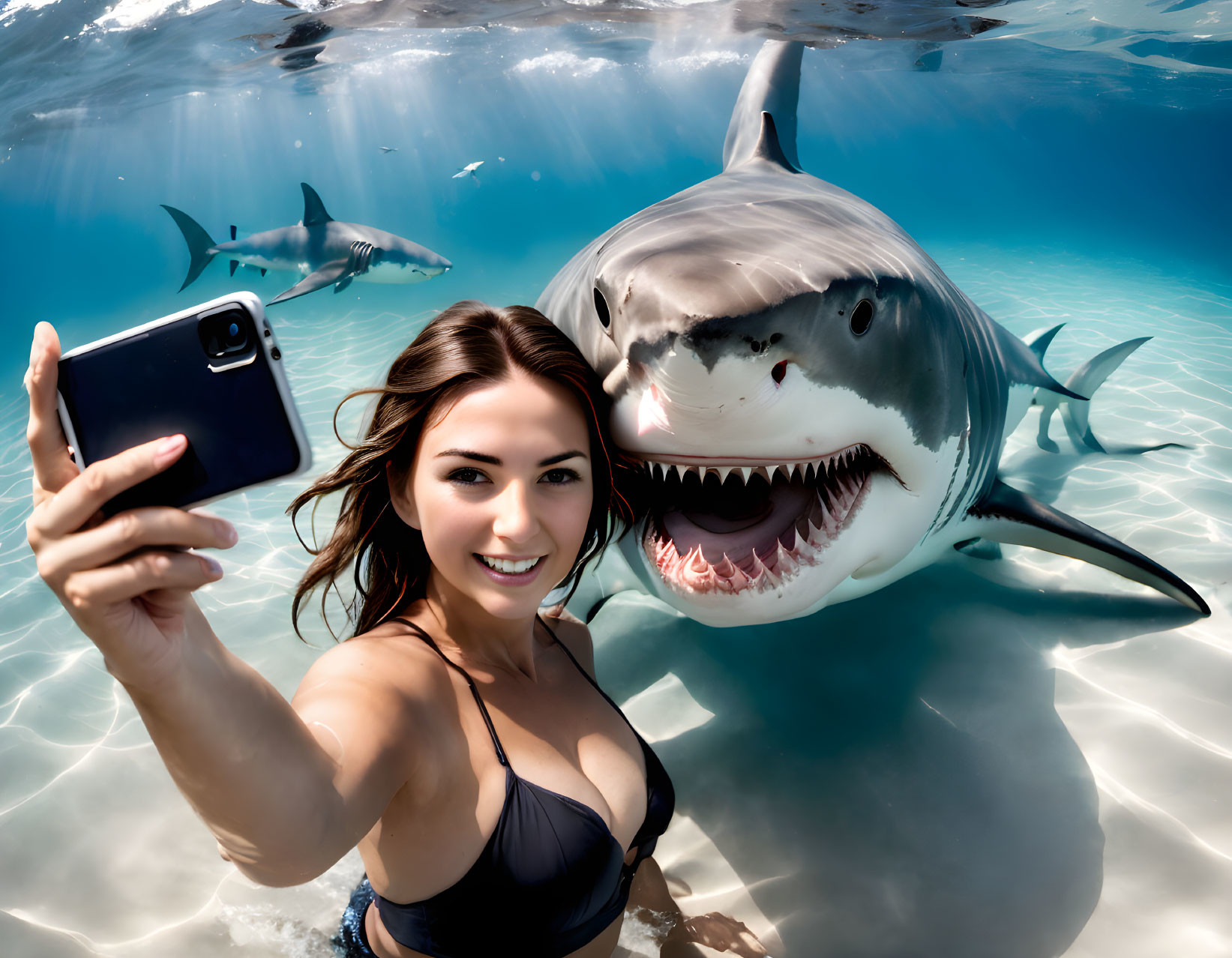 Swimsuit-clad woman poses with shark in clear blue waters