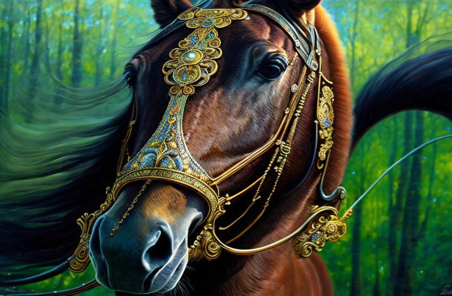 Majestic brown horse with golden tack in lush forest.