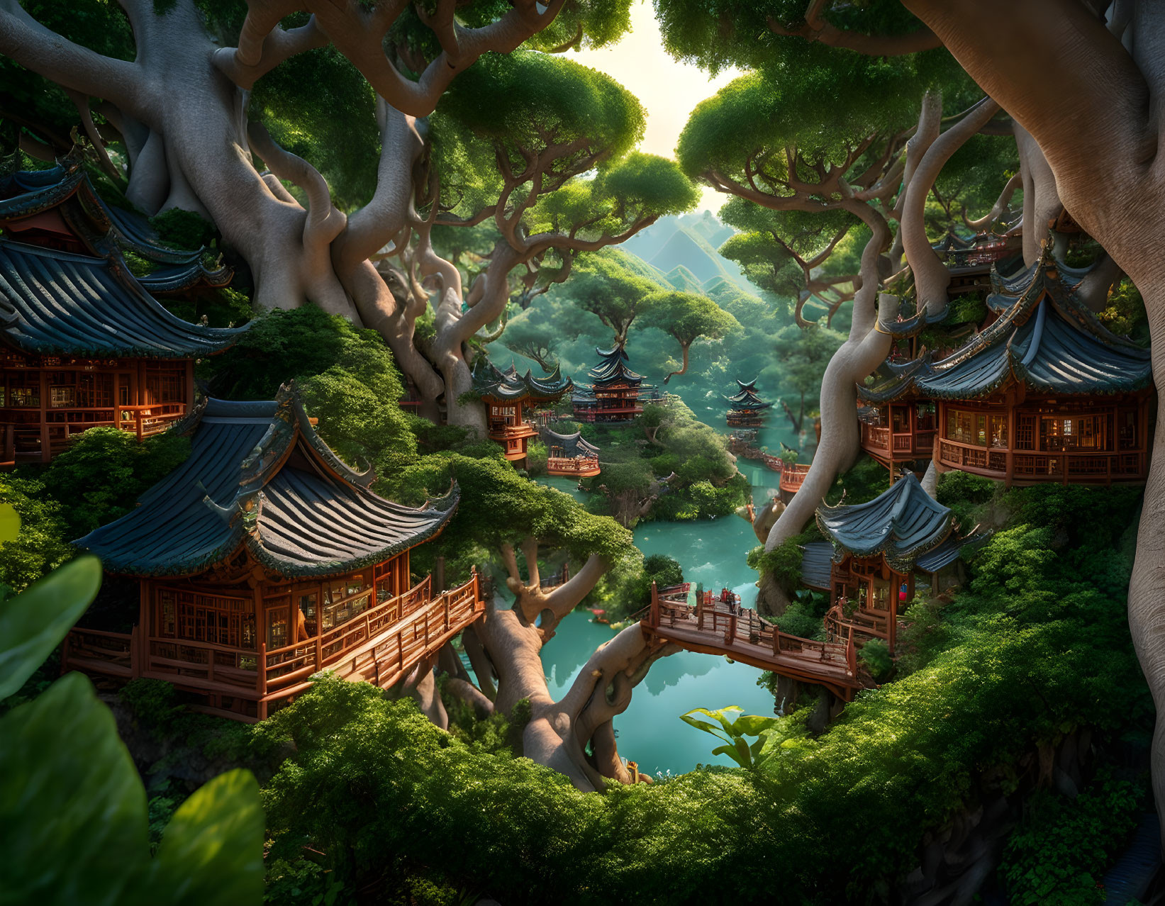 Majestic trees and traditional Asian-style buildings in lush forest landscape