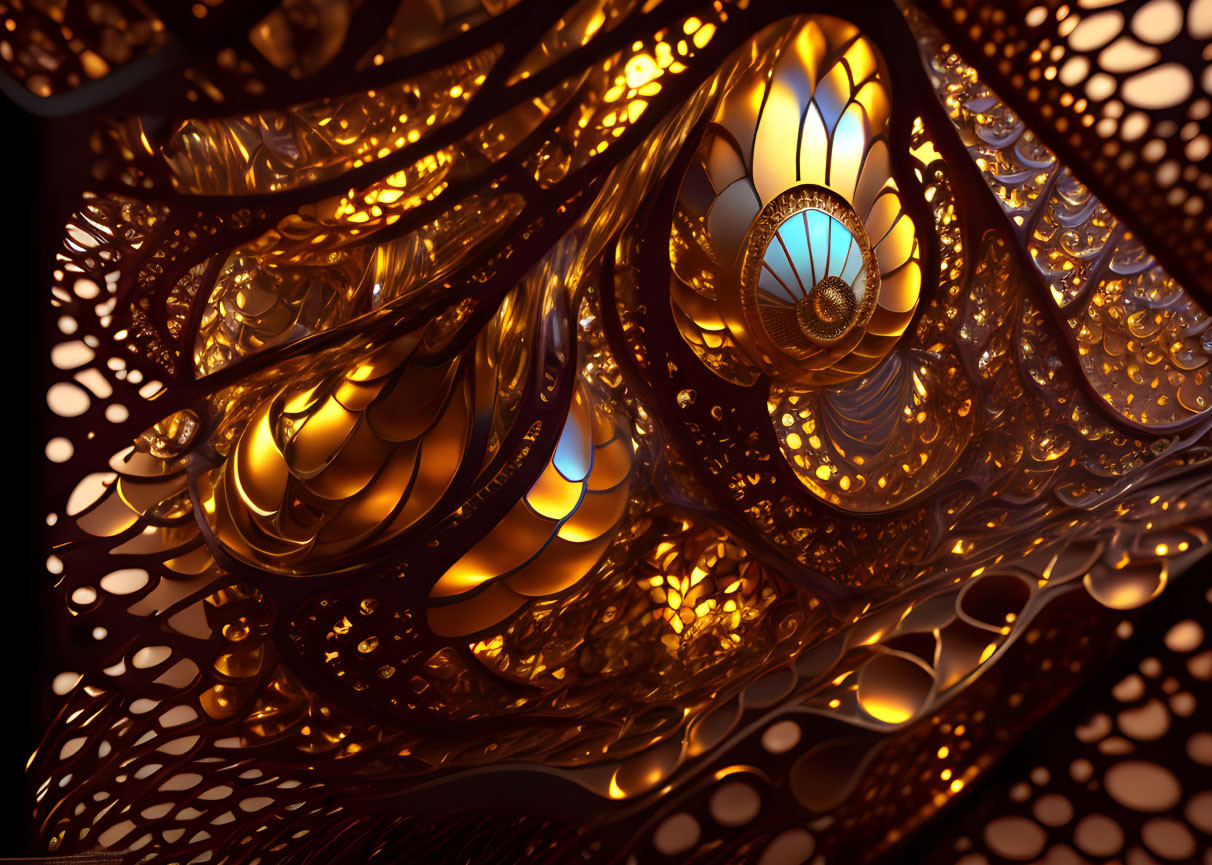 Intricate golden fractal design with peacock feather motif on dark background