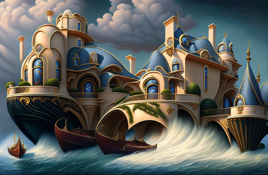 Whimsical ship-shaped structure with ornate buildings and towers on waves