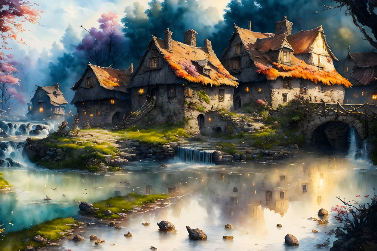 Tranquil fantasy village by river with thatched-roof houses, stone bridges, waterfalls,