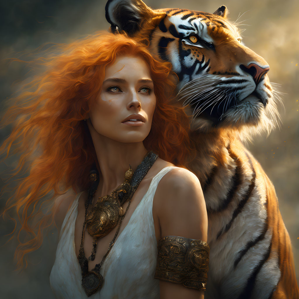 Fiery Red-Haired Woman with Blue-Eyed Tiger Portrait