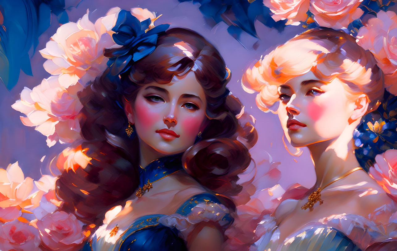 Illustrated women with elegant floral hairstyles in vibrant blossom setting