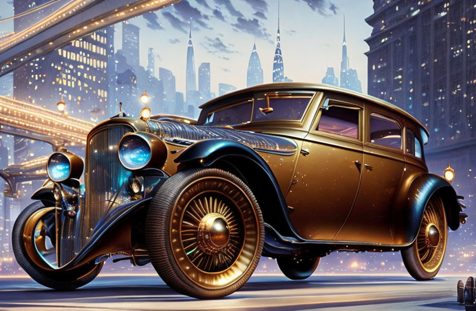 Vintage Car with Metallic Bodywork Parked in City Street at Dusk