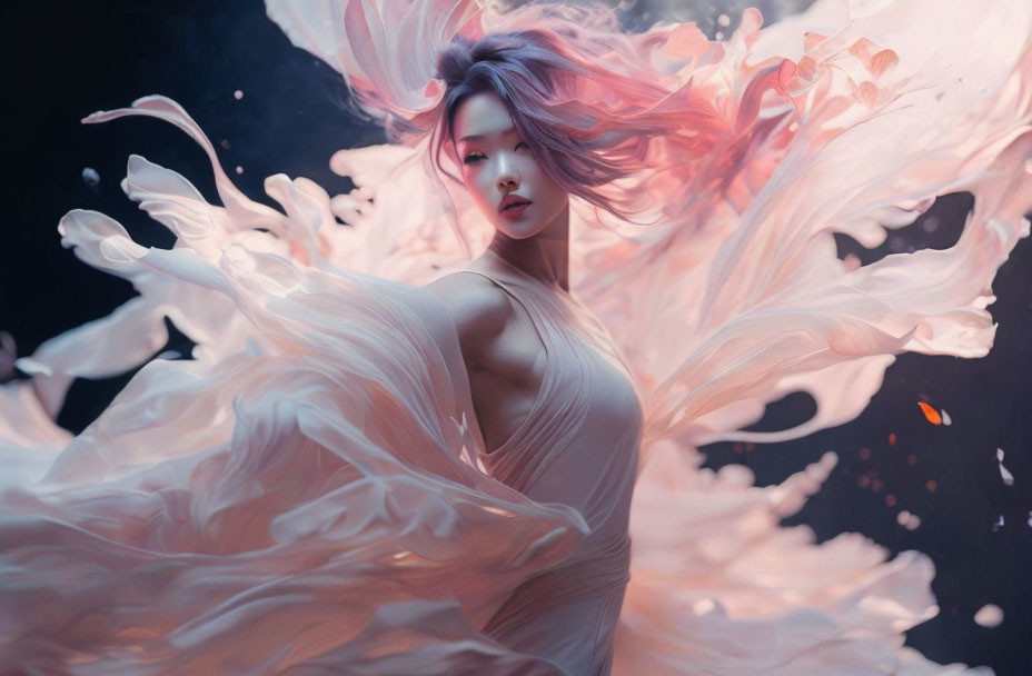 Digital artwork: Woman with flowing hair and dress in pastel pink and white swirl.