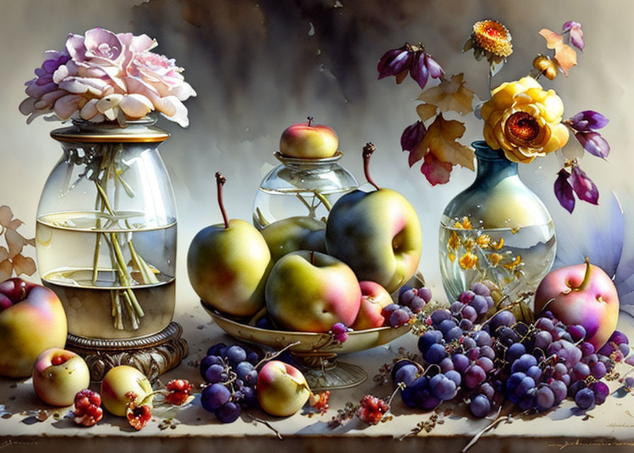 Autumnal still-life painting with apples, grapes, berries, flowers, and lantern