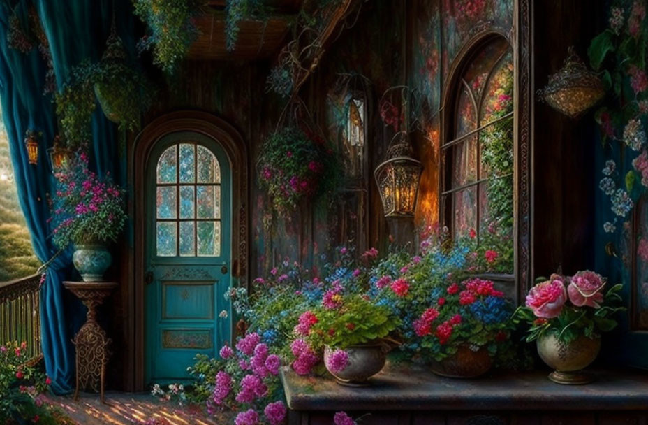 Cozy enchanted cottage interior with flowers, lantern, and turquoise door.