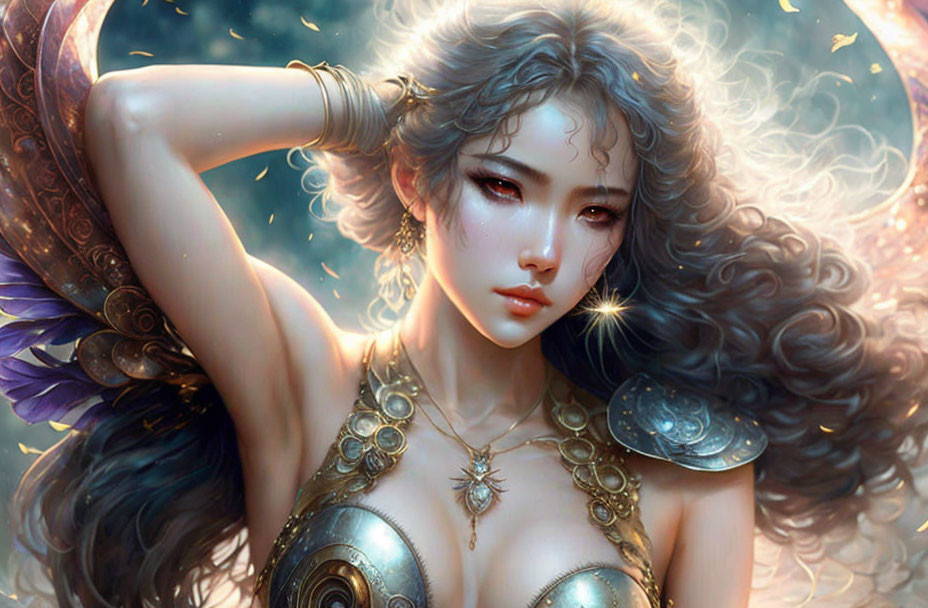 Ethereal female warrior in golden armor with mystical aura.