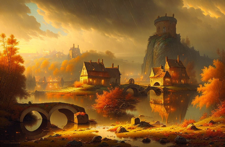 Fantasy landscape with stone bridge, river, houses, castle, golden light, rain