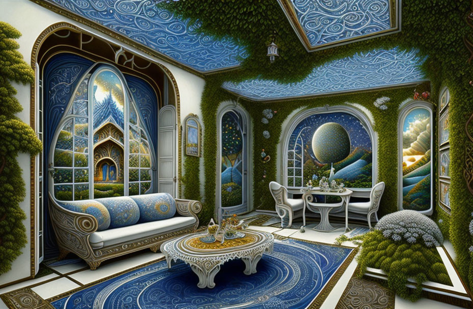 Fantasy room with green and blue color scheme and nature-inspired decor