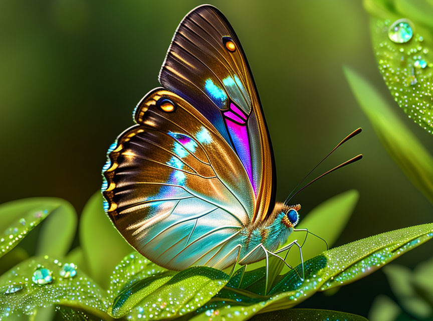 Colorful Butterfly on Dewy Green Foliage: Nature's Beauty Revealed