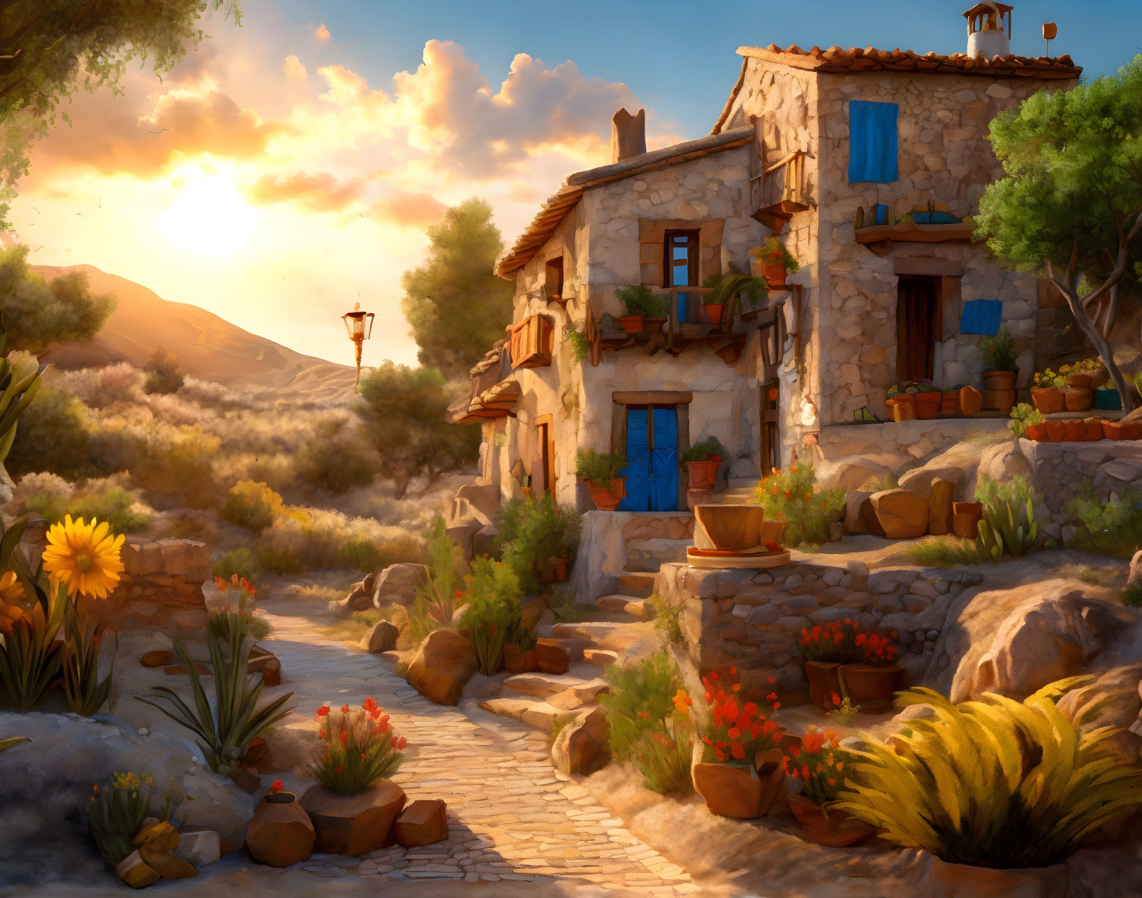 Stone house with blue shutters in sunset light amidst flowers and cobblestone path