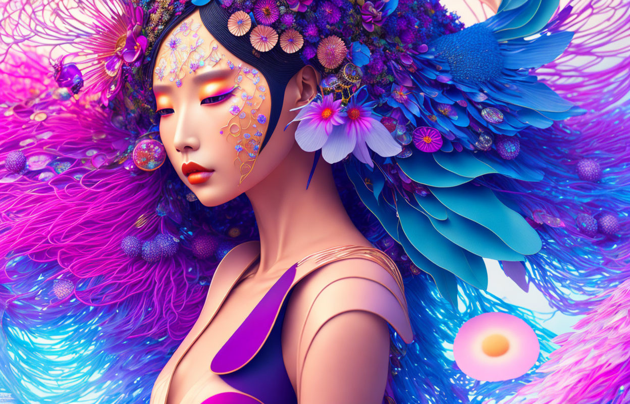 Vibrant digital artwork of a woman with floral and feather adornments