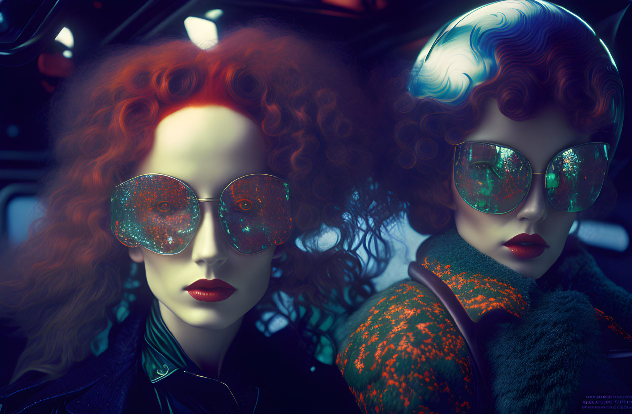 Stylized female figures with vibrant hair and reflective sunglasses in futuristic blue-lit setting