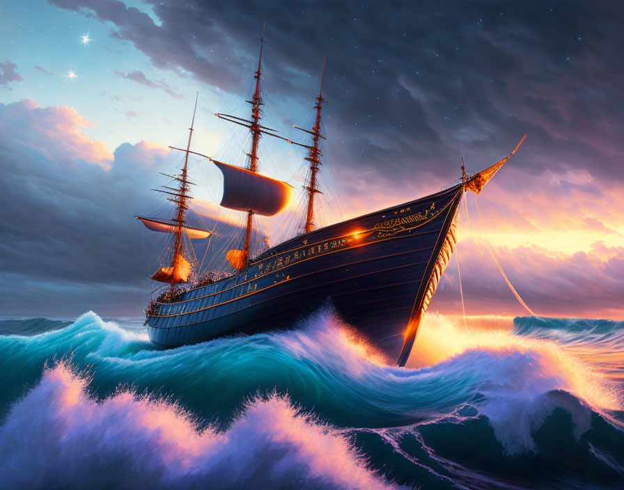 Majestic sailing ship on tumultuous ocean under dramatic sunset