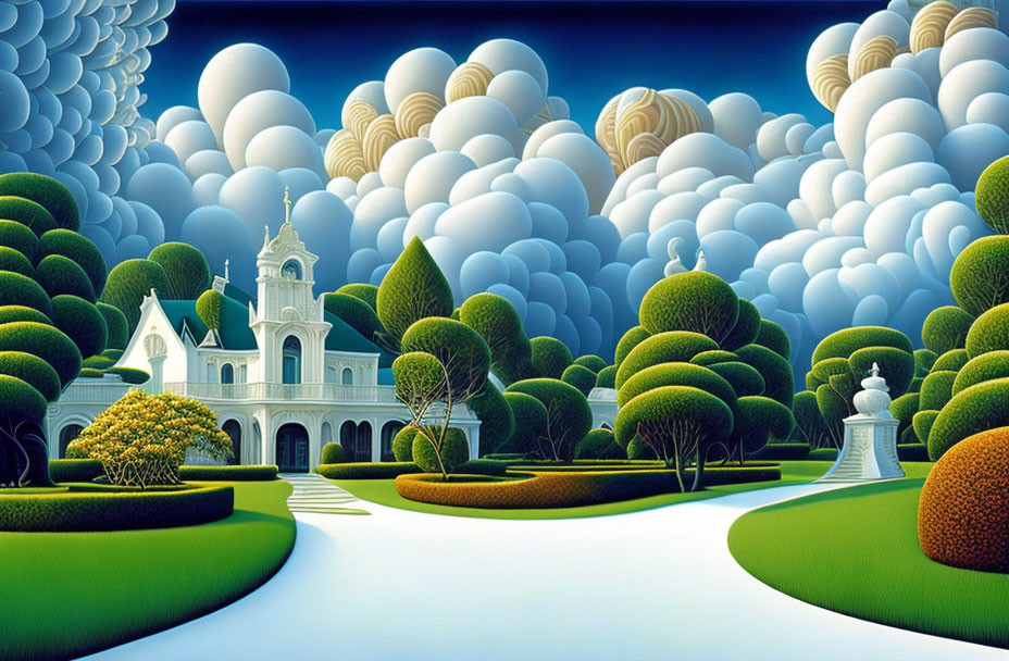 Surreal landscape with white church, undulating clouds, and green topiary trees