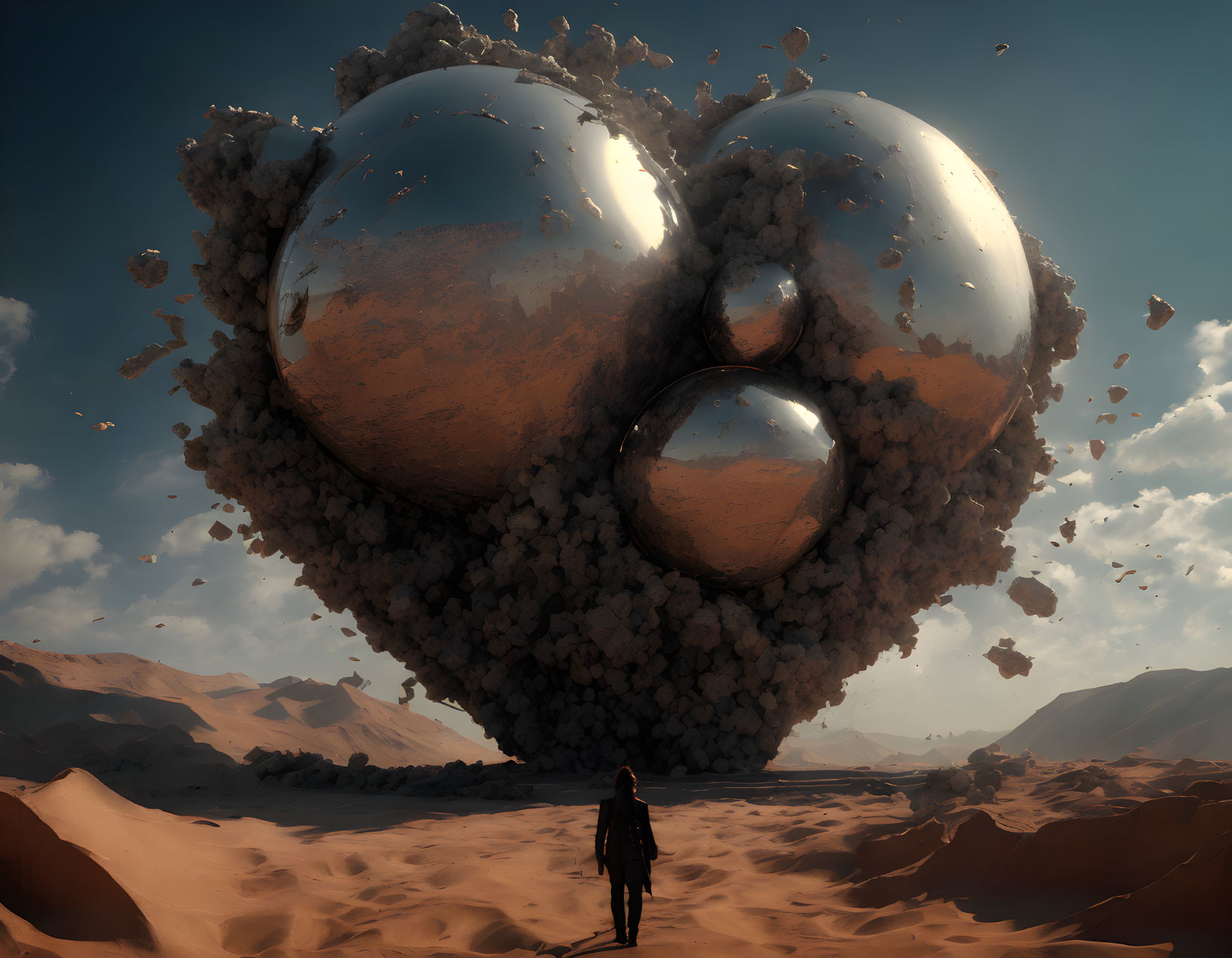 Heart-shaped metallic structure hovers in desert with floating debris and solitary figure.