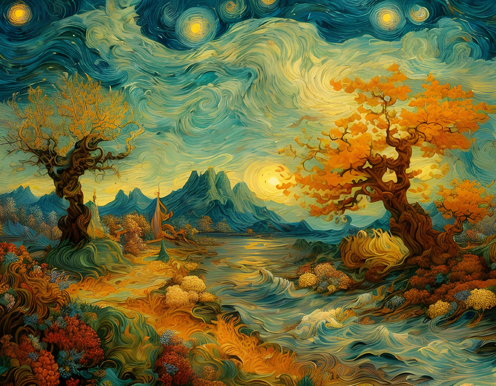 Colorful landscape with swirling skies, orange trees, mountains, and reflective water.