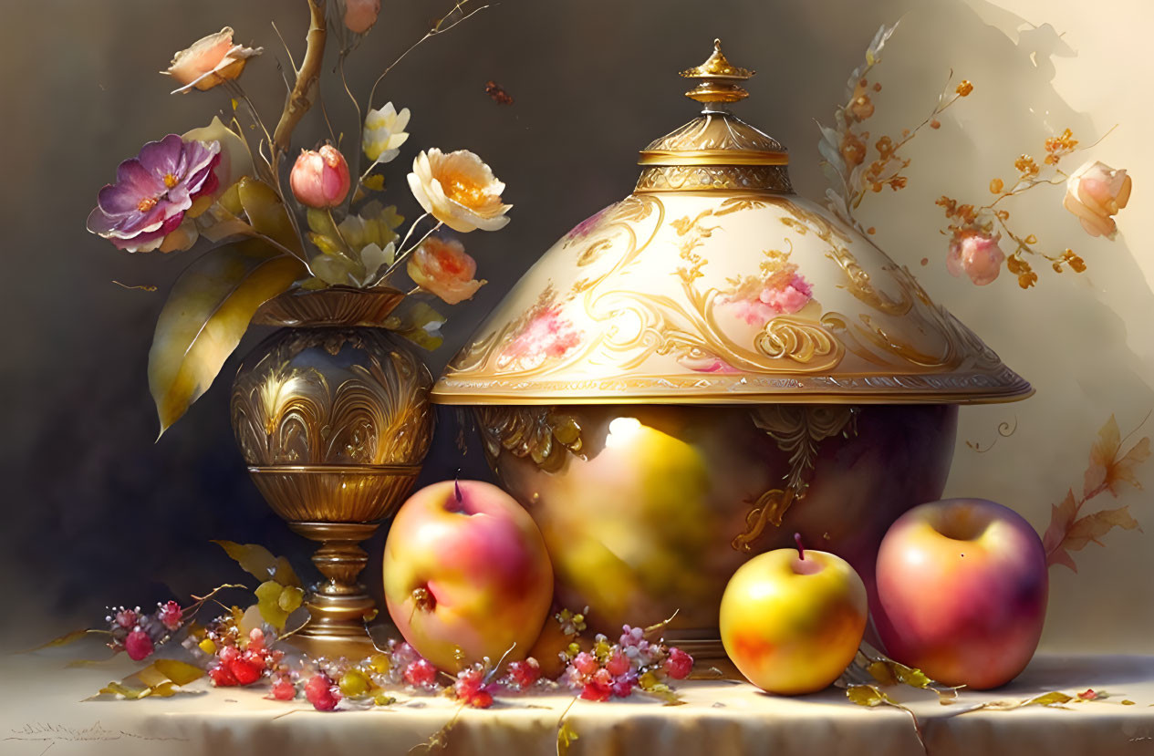 Ornate golden tureen, flowers, and apples on draped table in still life painting