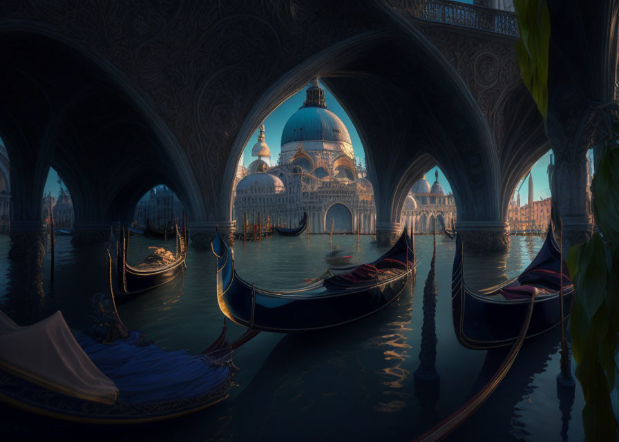 Ornate bridge with gondolas, domed cathedral, twilight sky