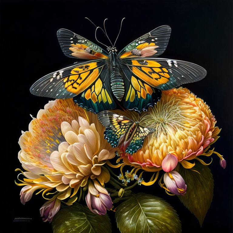 Detailed painting of vibrant butterflies on yellow and peach flowers.