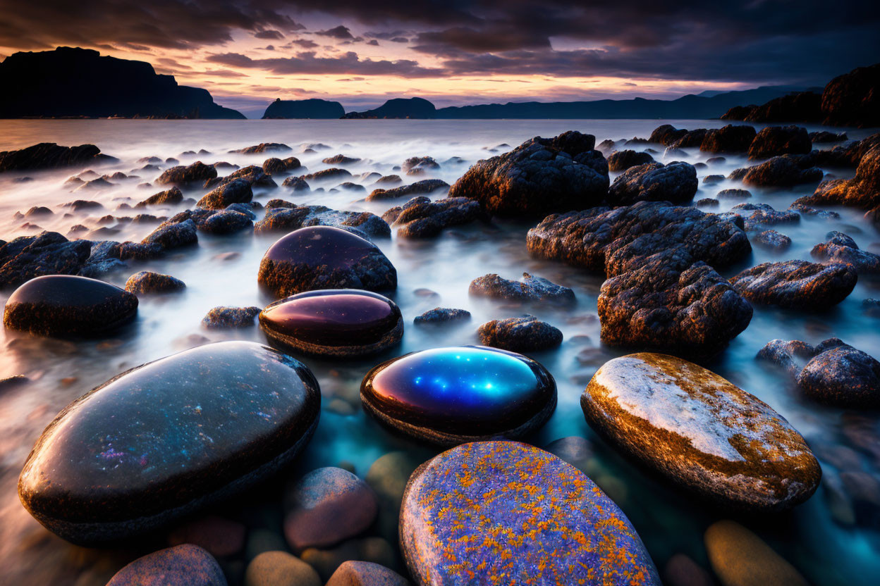 Tranquil Dusk Seascape with Smooth Stones, Misty Waters, and Dramatic Sky