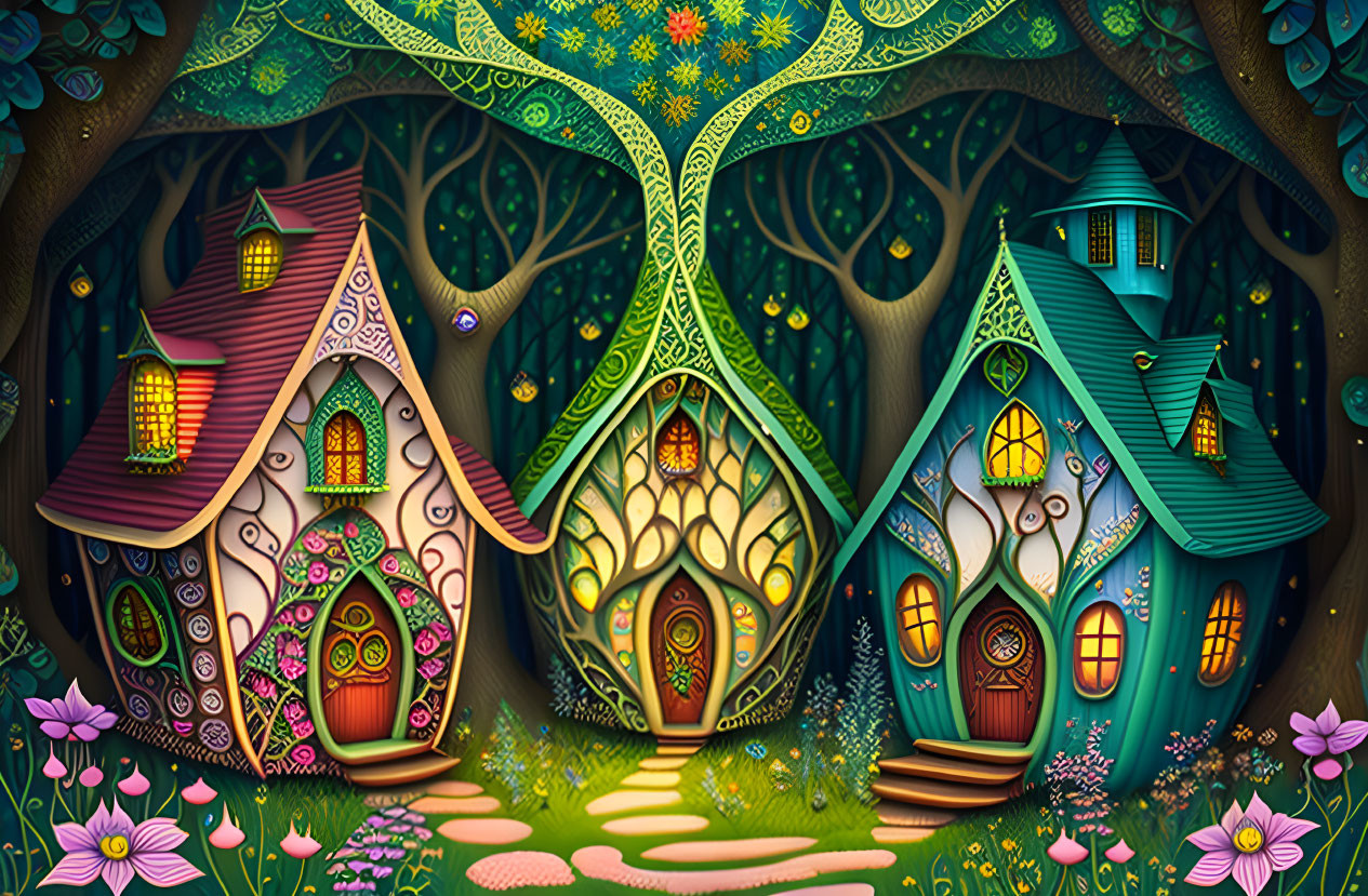 Vibrant Illustration of Whimsical Houses in Magical Forest